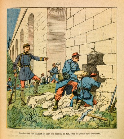 El Ejército del Este de Eugene Sergeant, conocido como Grenest, ilustrado por Louis Bombled (1862-1927) (Guerra Franco-Prusiana; campaña de 1870-1871): Bombonnel y sus francotiradores hacen volar el puente de Armançon cerca de Nuits bajo los ríos de la lín de Louis Charles Bombled