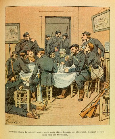 El ejército del Este (Guerra Franco-Alemana; campaña de 1870-1871): Los tiradores libres del coronel Lhoste, después de cazar a los prusianos de Chanceaux, cenan de Louis Charles Bombled