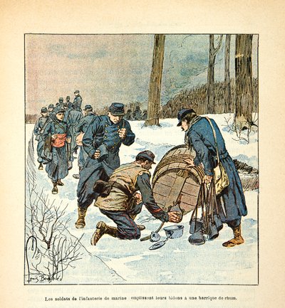 El ejército del Loira: Los soldados de la infantería naval llenan sus latas con un barril de ron de Louis Charles Bombled