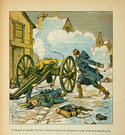 El ejército del Loira por Eugene Sergent, ilustrado por Louis Bombled (Guerra Franco-Prusiana; campaña de 1870-1871): En Parigné, un capitán de artillería apoyó la retirada cargando y disparando su última pieza en enero de 1871, Colección de Louis Charles Bombled
