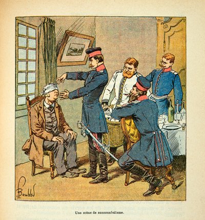El ejército del Loira por Eugene Sergent, ilustrado por Louis Bombled (Guerra Franco-Prusiana; campaña de 1870-1871): Una escena de sonambulismo, Colección privada de Louis Charles Bombled