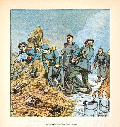 El ejército del Loira por Eugene Sergent, ilustrado por Louis Bombled (Guerra Franco-Prusiana; campaña de 1870-1871): Los prusianos queman a sus muertos durante la guerra de 1870, Colección privada de Louis Charles Bombled