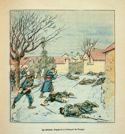 El ejército del Loira por Eugene Sergent, ilustrado por Louis Bombled (Guerra Franco-Prusiana; campaña de 1870-1871): La división Peytavin atacó Poupry en diciembre de 1870, Colección privada de Louis Charles Bombled
