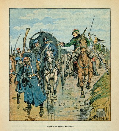El ejército del Loira por Eugene Sergent, ilustrado por Louis Bombled (Guerra Franco-Prusiana; campaña de 1870-1871): Captura de un convoy alemán por los franceses durante la guerra de 1870, Colección privada de Louis Charles Bombled
