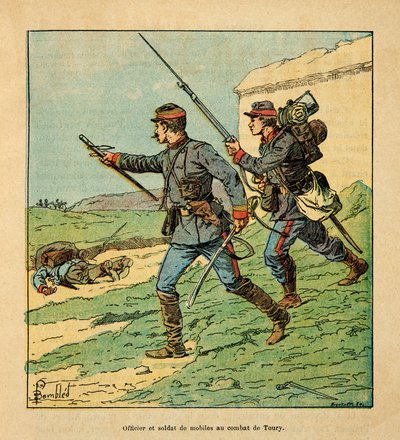El ejército del Loira por Eugene Sergent, ilustrado por Louis Bombled (Guerra Franco-Prusiana; campaña de 1870-1871): Oficial y móvil del Cher en la batalla de Toury (Eure y Loira) el 5 de octubre de 1870, Colección privada de Louis Charles Bombled