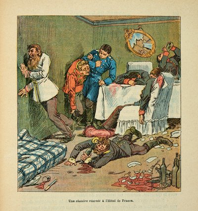 El Ejército del Loira por Eugene Sergent, conocido como Grenest, ilustrado por Louis Bombled (1862-1927) (Guerra Franco-Prusiana; campaña de 1870-1871): Una habitación en el Hotel de France en Mans, borrachos de los prusianos, Colección Privada de Louis Charles Bombled