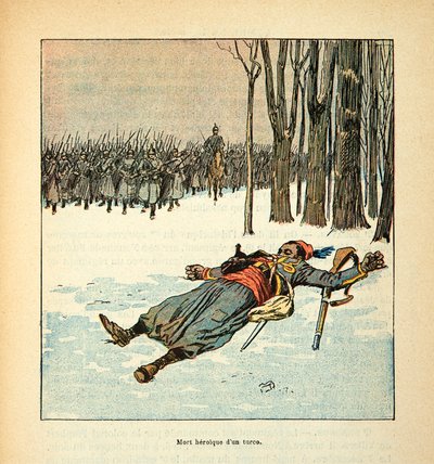 El Ejército del Loira por Eugene Sergent, conocido como Grenest, ilustrado por Louis Bombled (1862-1927) (Guerra Franco-Prusiana; campaña de 1870-1871): Muerte heroica de un turco en diciembre de 1870, Colección Privada de Louis Charles Bombled