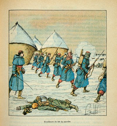 El Ejército del Loira por Eugene Sergent, conocido como Grenest, ilustrado por Louis Bombled (1862-1927) (Guerra Franco-Prusiana; campaña de 1870-1871): Los tiradores del 34º de marcha en los combates de Poupry en diciembre de 1870, Colección Parcial de Louis Charles Bombled