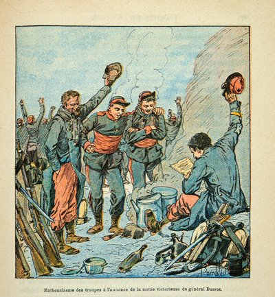 El Ejército del Loira por Eugene Sergent, conocido como Grenest, ilustrado por Louis Bombled (1862-1927) (Guerra Franco-Prusiana; campaña de 1870-1871): Los soldados del Ejército del Loira entusiastas ante el anuncio de la salida victoriosa del General Duc de Louis Charles Bombled