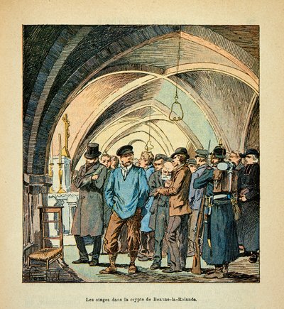 El Ejército del Loira por Eugene Sergent, conocido como Grenest, ilustrado por Louis Bombled (1862-1927) (Guerra Franco-Prusiana; campaña de 1870-1871): Rehenes franceses en la cripta de Beaune La Rolande durante los combates el 28 de noviembre de 1870, Co de Louis Charles Bombled