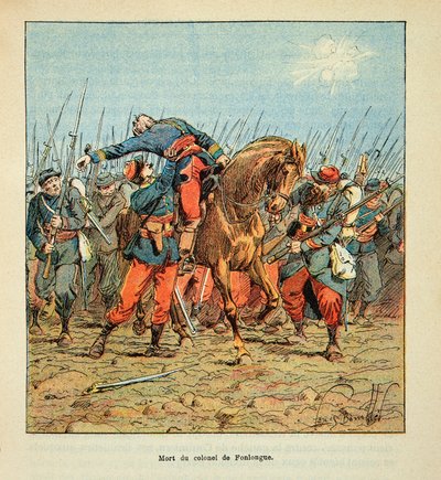 El Ejército del Loira por Eugene Sergent, conocido como Grenest, ilustrado por Louis Bombled (1862-1927) (Guerra Franco-Prusiana; campaña de 1870-1871): Batalla de Coulmiers el 9 de noviembre de 1870, muerte del Coronel Couderc de Fonlongue, Colección Priv de Louis Charles Bombled