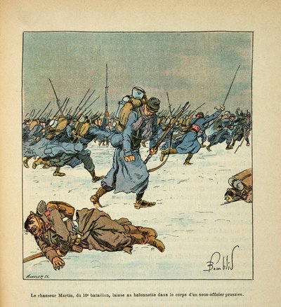 El ejército del Loira por Eugene Sergent, ilustrado por Louis Bombled (Guerra Franco-Prusiana; campaña de 1870-1871): Batalla de Le Mans, enero de 1871, el cazador Martin del 10º Batallón deja su bayoneta en el cuerpo de un prusiano de Louis Charles Bombled
