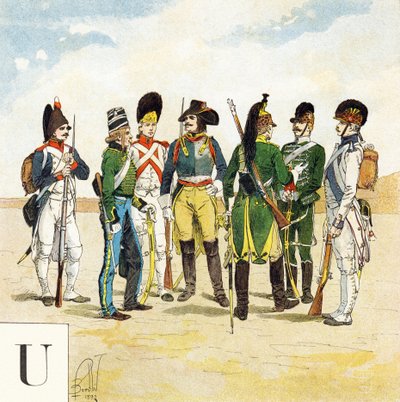Letra U: Uniformes del ejército francés, "Seré soldado" - Alfabeto militar de Louis Charles Bombled