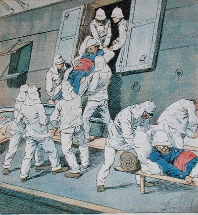 Soldados que enfermaron durante la campaña de Madagascar desembarcando en Argel desde el barco Shamrock, c.1897 de Louis Charles Bombled