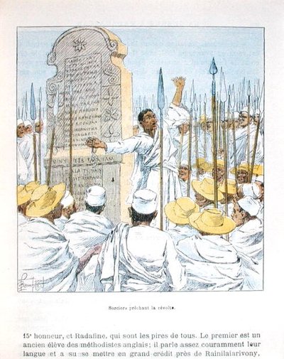 Hechiceros predicando la revuelta contra Francia tras la ocupación francesa de Madagascar en 1895, ilustración de 