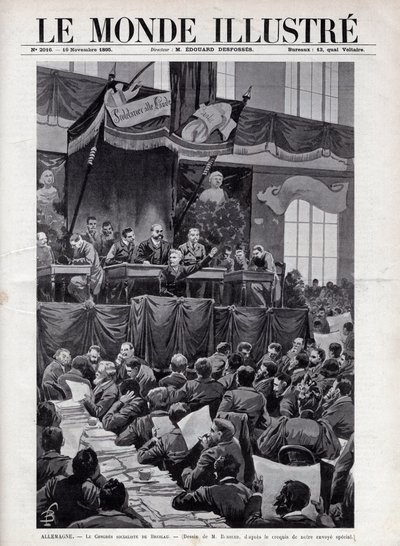 Discurso de August Bebel (1840-1913) durante el Congreso Socialista de Breslau en ALEMANIA en 1895 - Grabado en 