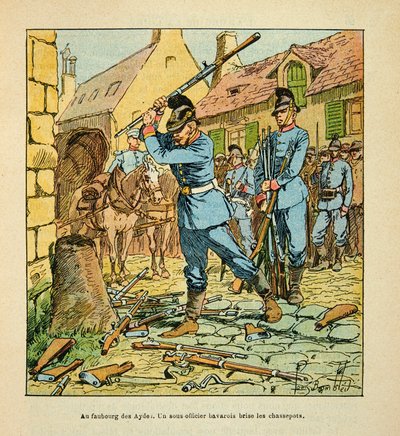 El ejército del Loira por Eugene Sergent, ilustrado por Louis Bombled (Guerra Franco-Prusiana; campaña de 1870-1871): Después de la captura de la ciudad de Orleans en octubre de 1870, un suboficial bávaro rompió los cazadores. (fusiles dejados de Louis Charles Bombled