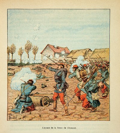 El Ejército del Loira por Eugene Sergent, conocido como Grenest, ilustrado por Louis Bombled (1862-1927) (Guerra Franco-Prusiana; campaña de 1870-1871): Batalla de Coulmiers el 9 de noviembre de 1870, el asalto de los franceses en la Granja Cleomont, Colec de Louis Charles Bombled