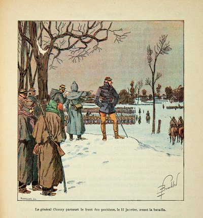 El ejército del Loira por Eugene Sergent, ilustrado por Louis Bombled (Guerra Franco-Prusiana; campaña de 1870-1871): El general Chanzy recorre el frente de posiciones el 11 de enero antes de la batalla, Colección privada de Louis Charles Bombled
