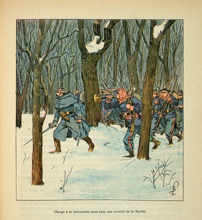 El Ejército del Loira por Eugene Sergent, conocido como Grenest, ilustrado por Louis Bombled (1862-1927) (Guerra Franco-Prusiana; campaña de 1870-1871): Batalla de Le Mans en enero de 1871, cargando los móviles de la Sarthe, Colección Privada de Louis Charles Bombled