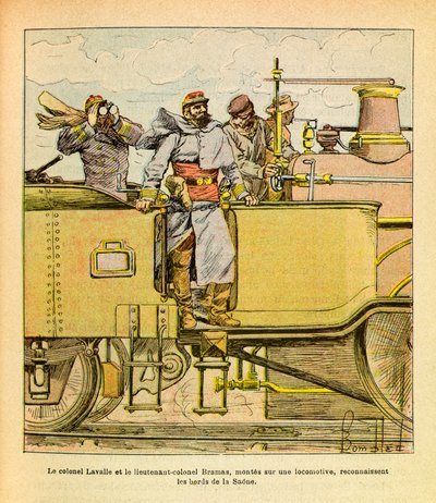 El ejército oriental de Eugene Sergeant, conocido como Grenest, ilustrado por Louis Bombled: en diciembre de 1870 el coronel Lavalle y el teniente coronel Bramas montados en una locomotora reconocen las orillas del Saona de Louis Charles Bombled