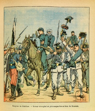 El Ejército del Este de Eugene Sergeant, conocido como Grenest, ilustrado por Louis Bombled (1862-1927) (Guerra Franco-Prusiana; campaña de 1870-1871): Las tropas de Ricciotti durante la Batalla de Châtillon-sur-Seine en noviembre de 1870, colección privad de Louis Charles Bombled
