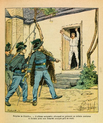 El Ejército del Este de Eugene Sergeant, conocido como Grenest, ilustrado por Louis Bombled (1862-1927) (Guerra Franco-Prusiana; campaña de 1870-1871): Noviembre de 1870, en Châtillon-sur-Seine, el Capitán Michard capturó al oficial de contabilidad alemán  de Louis Charles Bombled