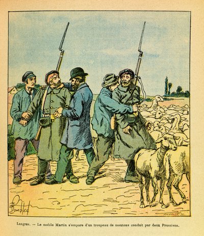 El Ejército del Este de Eugene Sergeant, conocido como Grenest, ilustrado por Louis Bombled (1862-1927) (Guerra Franco-Prusiana; campaña de 1870-1871): El móvil de Martin, disfrazado de campesino, capturó un rebaño de ovejas llevado por dos prusianos a Lan de Louis Charles Bombled