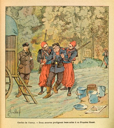 El ejército oriental de Eugene Sergeant, conocido como Grenest, ilustrado por Louis Bombled: batalla de Cussey, octubre de 1870, dos zuavos cuidan a un prusiano herido de Louis Charles Bombled