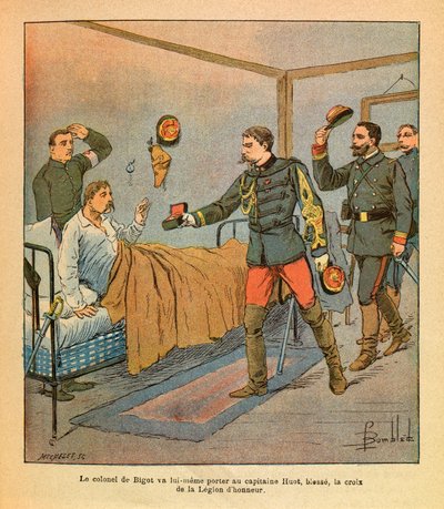 El Ejército del Este de Eugene Sergeant, conocido como Grenest, ilustrado por Louis Bombled (1862-1927): El Coronel De Bigot llevó personalmente al Capitán Huot la cruz de la Legión de Honor después de las batallas de Voujeaucourt de Louis Charles Bombled
