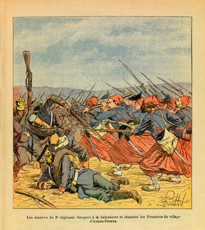 El Ejército del Este de Eugene Sergeant, conocido como Grenest, ilustrado por Louis Bombled (1862-1927): Los zuavos del 3º Regimiento cargan a bayoneta y expulsan a los prusianos del pueblo de Auxon-Dessus durante de Louis Charles Bombled
