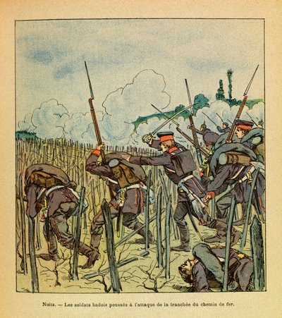 El ejército del Este (Guerra Franco-Alemana; campaña de 1870-1871): Batalla de Nuits-Saint-Georges; soldados badois atacan la sección del ferrocarril en diciembre de 1870 de Louis Charles Bombled