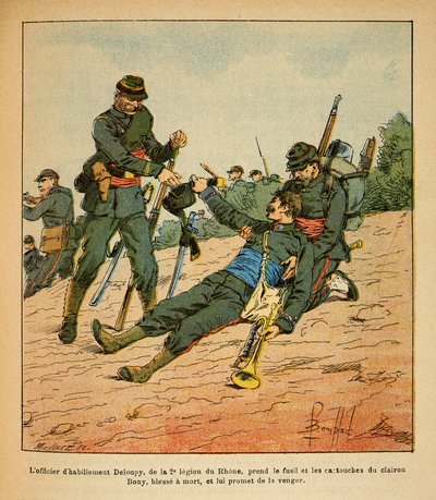 El Ejército del Este de Eugene Sergeant, conocido como Grenest, ilustrado por Louis Bombled (1862-1927) (Guerra Franco-Prusiana; campaña de 1870-1871): Batalla de Nuits Saint Georges, el oficial de vestimenta Deloupy de la 2ª Legión del Ródano toma el rifl de Louis Charles Bombled