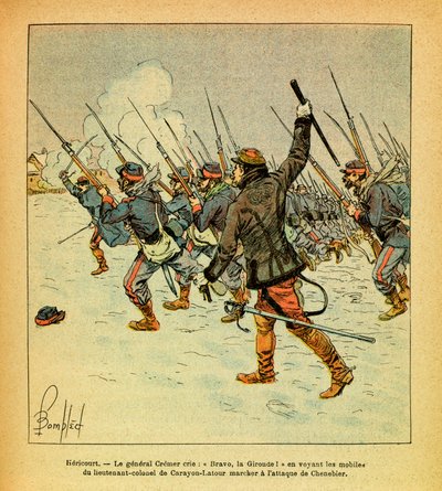 El Ejército del Este de Eugene Sergeant, conocido como Grenest, ilustrado por Louis Bombled (1862-1927) (Guerra Franco-Prusiana; campaña de 1870-1871): Enero de 1871, Hericourt, el General Cremer grita "Bravo, La Gironde" cuando ve los motivos del teniente de Louis Charles Bombled