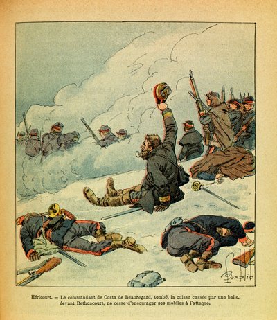 El Ejército del Este de Eugene Sergeant, conocido como Grenest, ilustrado por Louis Bombled (1862-1927) (Guerra Franco-Prusiana; campaña de 1870-1871): Enero de 1871, Hericourt, el comandante de Costa de Beauregard se rompe el muslo con una bala frente a B de Louis Charles Bombled