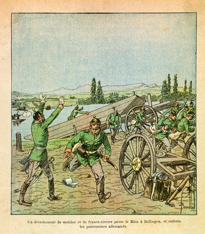 El ejército oriental de Eugene Sergeant, conocido como Grenest, ilustrado por Louis Bombled: un destacamento de francotiradores franceses cruzó el Rin y atacó a los trabajadores del puente alemán de Louis Charles Bombled