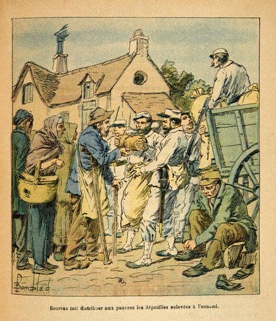 El Ejército del Este de Eugene Sergeant, conocido como Grenest, ilustrado por Louis Bombled (1862-1927) (Guerra Franco-Prusiana; campaña de 1870-1871): Los motivos del Coronel Bourras distribuidos a los pobres, colección particular de Louis Charles Bombled