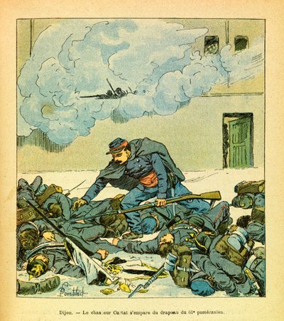 El Ejército del Este de Eugene Sergeant, conocido como Grenest, ilustrado por Louis Bombled (1862-1927) (Guerra Franco-Prusiana; campaña de 1870-1871): Dijon, enero de 1871, el cazador Victor Curtat se apodera de la bandera del 61 Pomerano, colección priva de Louis Charles Bombled