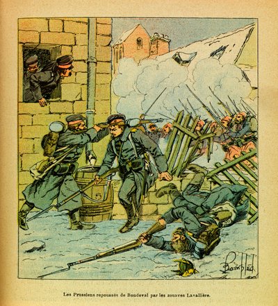 El Ejército del Este de Eugene Sergeant, conocido como Grenest, ilustrado por Louis Bombled (1862-1927) (Guerra Franco-Prusiana; campaña de 1870-1871): Enero de 1871, los prusianos rechazados del pueblo de Bondeval por los zuavos Lavalliere, colección priv de Louis Charles Bombled