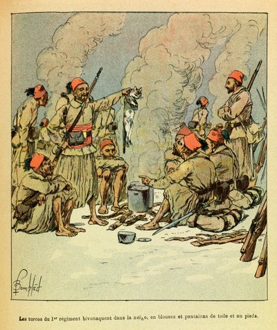El Ejército del Este de Eugene Sergeant, conocido como Grenest, ilustrado por Louis Bombled (1862-1927) (Guerra Franco-Prusiana; campaña de 1870-1871): Enero de 1871, los turcos del 1er regimiento acampan en la nieve, con blusas y pantalones de lona y desc de Louis Charles Bombled