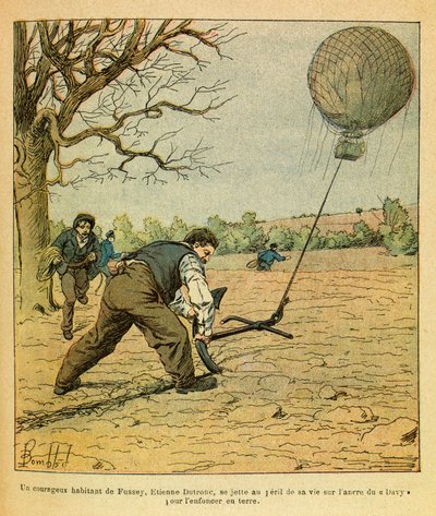 El Ejército del Este de Eugene Sergeant, conocido como Grenest, ilustrado por Louis Bombled (1862-1927) (Guerra Franco-Prusiana; campaña de 1870-1871): Batalla de Nuits Saint Georges; campesinos intentan sostener un globo de observación, colección privada de Louis Charles Bombled