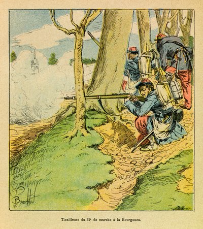 El Ejército del Este de Eugene Sergeant, conocido como Grenest, ilustrado por Louis Bombled (1862-1927) (Guerra Franco-Prusiana; campaña de 1870-1871): Bajo las órdenes del General Dupré, un zapatero del 32º marcha en la Batalla de La Bourgonce en octubre  de Louis Charles Bombled