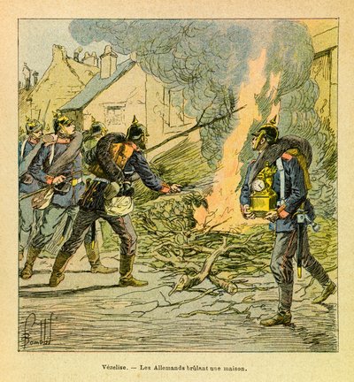 El Ejército del Este de Eugene Sergeant, conocido como Grenest, ilustrado por Louis Bombled (1862-1927) (Guerra Franco-Prusiana; campaña de 1870-1871): En Vezelise, los prusianos después de invadir la ciudad, queman una casa, colección privada de Louis Charles Bombled