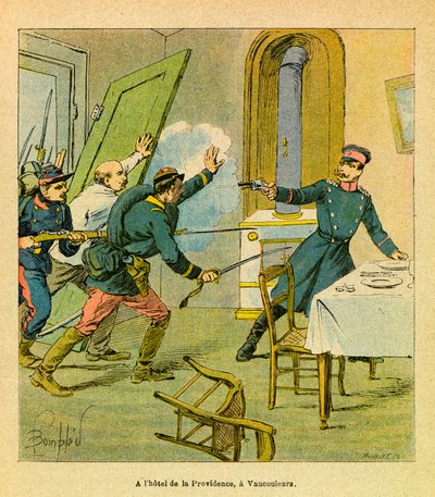 El Ejército del Este de Eugene Sergeant, conocido como Grenest, ilustrado por Louis Bombled (1862-1927) (Guerra Franco-Prusiana; campaña de 1870-1871): Un oficial prusiano tomado prisionero por motivos franceses en Vaucouleurs, colección privada de Louis Charles Bombled