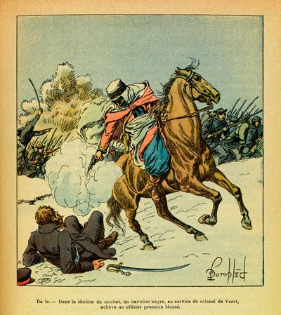 El Ejército del Este de Eugene Sergeant, conocido como Grenest, ilustrado por Louis Bombled (1862-1927) (Guerra Franco-Prusiana; campaña de 1870-1871): Enero de 1871, un jinete negro al servicio del Coronel De Vezet completa a un oficial prusiano herido, C de Louis Charles Bombled