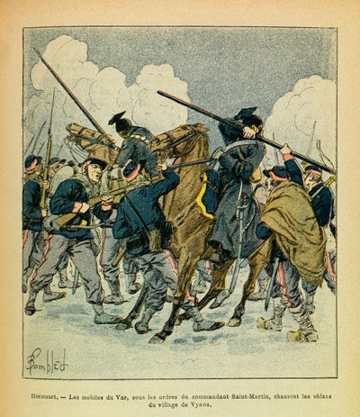 El ejército oriental de Eugene Sergeant, conocido como Grenest, ilustrado por Louis Bombled: enero de 1871, Hericourt, los motivos del Var, bajo las órdenes del comandante Saint Martin, cazan a los Ulanos de Louis Charles Bombled