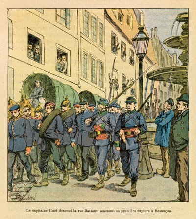 El ejército oriental de Eugene Sergeant, conocido como Grenest, ilustrado por Louis Bombled: el capitán Huot desciende la Rue Battant en Besançon con prisioneros prusianos capturados en Bethoncourt les Brotte en octubre de Louis Charles Bombled