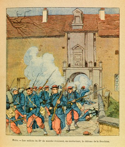 El ejército del Este: Batalla de Noche Saint Georges; los soldados del 32.º de marcha evacuan mientras combaten el castillo de La Berc de Louis Charles Bombled