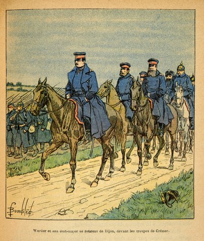 El Ejército del Este de Eugene Sergeant, conocido como Grenest, ilustrado por Louis Bombled (1862-1927): General Werder y su Estado Mayor de Dijon ante las tropas del General Cremer, Colección Privada de Louis Charles Bombled