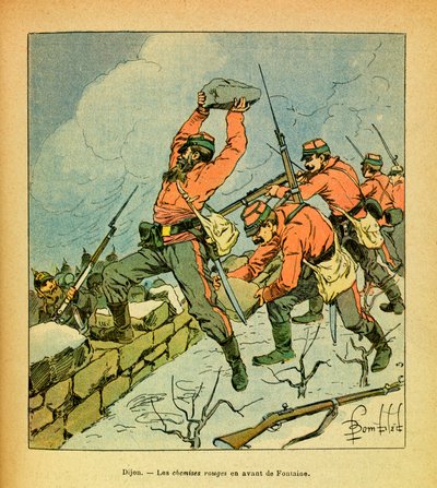 El Ejército del Este de Eugene Sergeant, conocido como Grenest, ilustrado por Louis Bombled (1862-1927): Las camisas rojas de Garibaldi frente a Fontaine durante las batallas de Dijon en enero de 1871, Colección Privada de Louis Charles Bombled